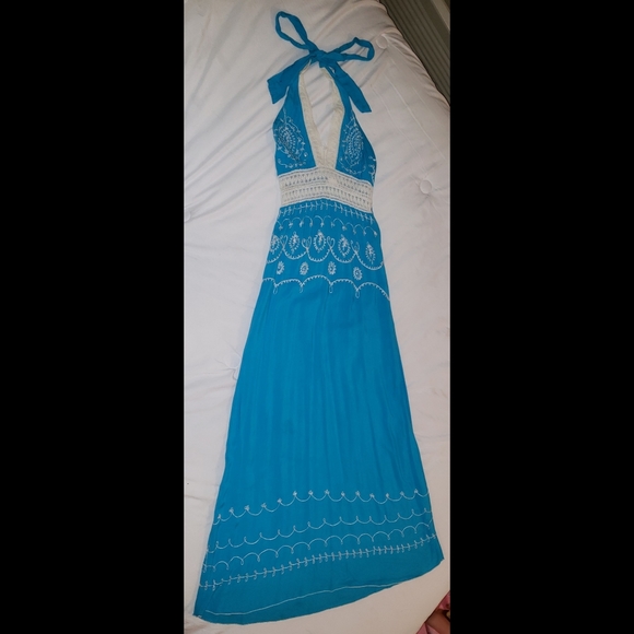Blue Floral Crochet Halter Summer Dress - Picture 1 of 2